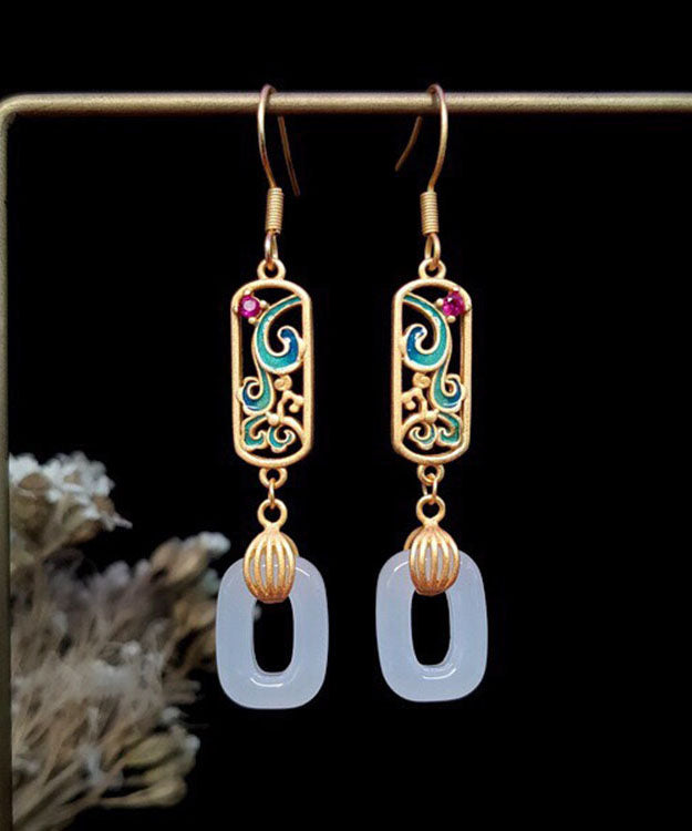 Gold Ancient Gold Jade Enamel Ping Buckle Drop Earrings