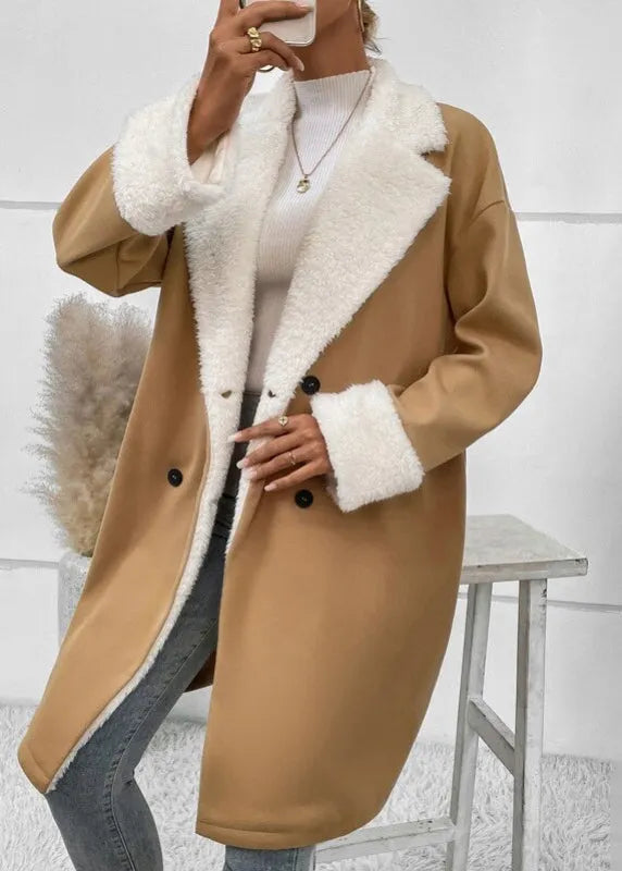 Khaki Peter Pan Collar Button Fleece Wool Lined Coat Outwear Winter