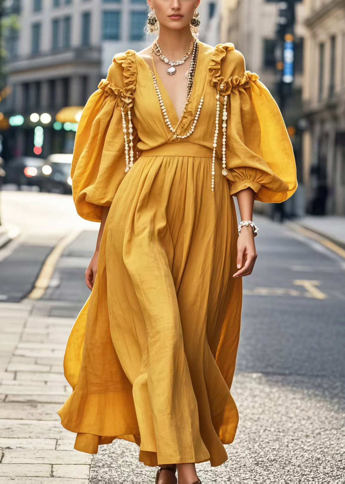 Yellow Ruffled Cotton Dresses Puff Sleeve