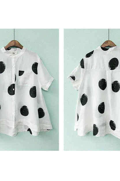 Limited Stock- Polka Dot Cotton Linen Stand Collar Shirt