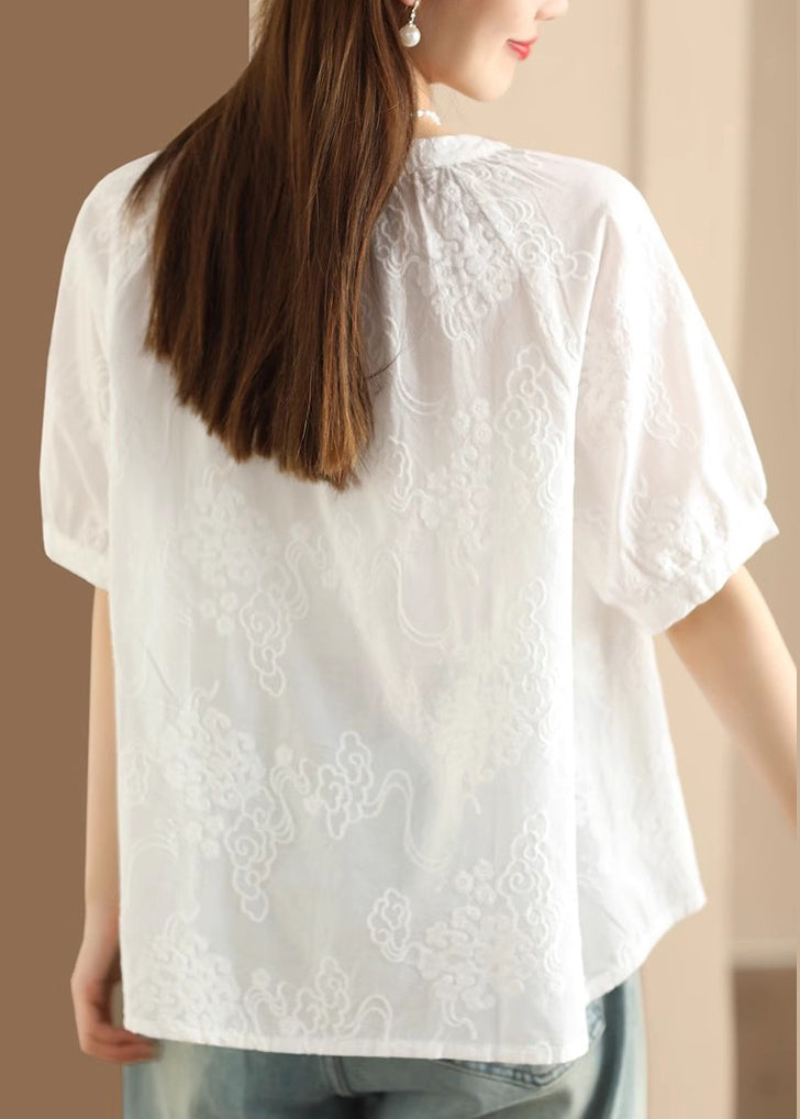 Apricot Embroidered Puff Sleeve Cotton Blouse Top