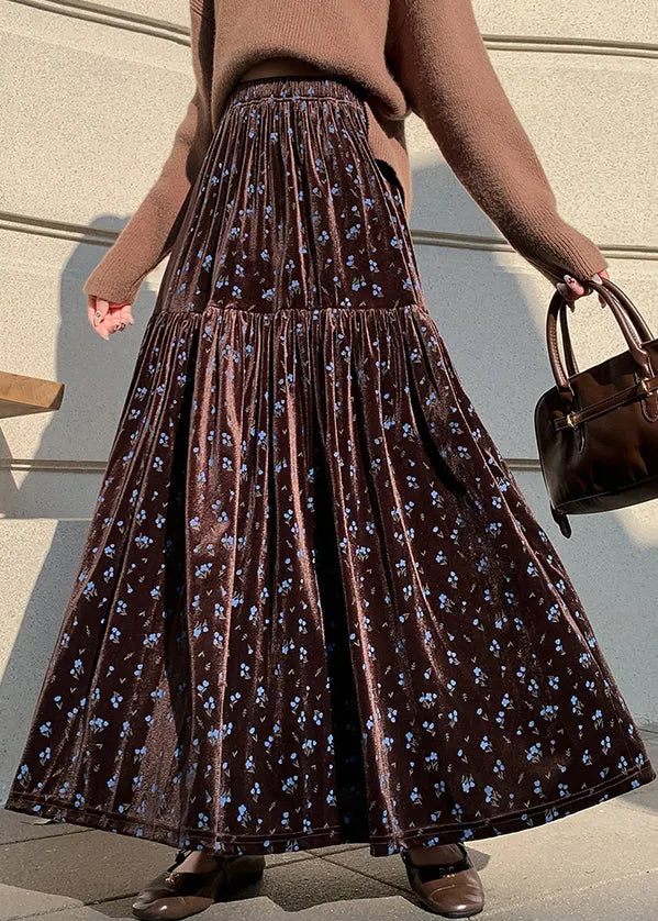 French Coffee Wrinkled Elastic Waist Velvet Skirts Winter