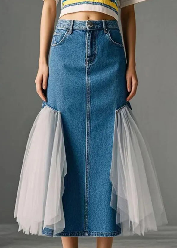 Blue High Waist Patchwork Tulle Denim Wraped Skirts Spring