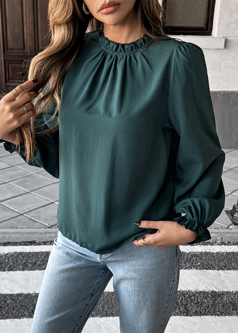 Blackish Green Ruffled Patchwork Chiffon Shirt Long Sleeve