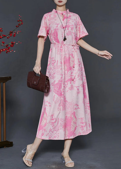 Pink Print Cotton Chinese Style Dress Summer