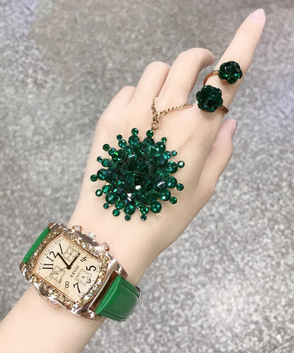 Fine Green Sterling Silver Overgild Crystal Pendant Necklace ,ring and Watch Three Piece Set