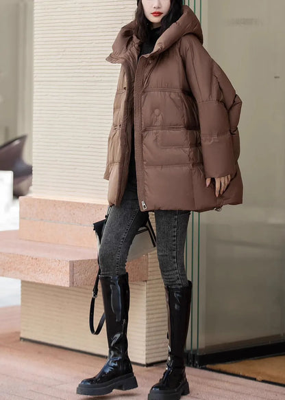 Brown Oversized Duck Down Hooded Coats Winter