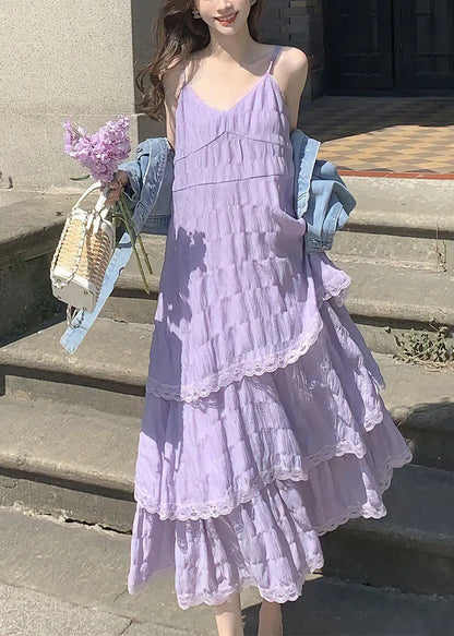 Purple V Neck Lace Cotton Spaghetti Strap Dress Sleeveless