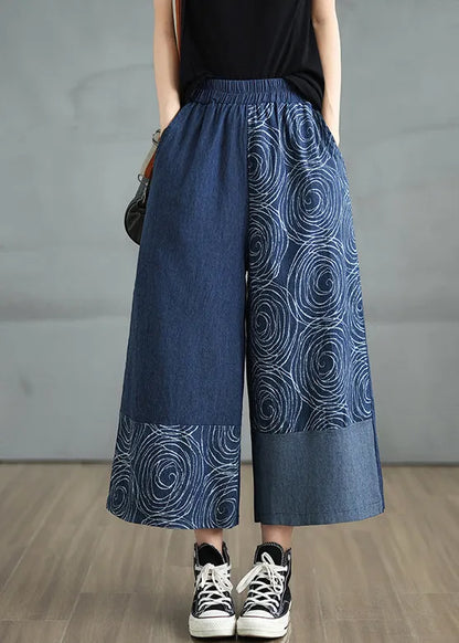 Navy Asymmetrical Print Denim Pants Summer