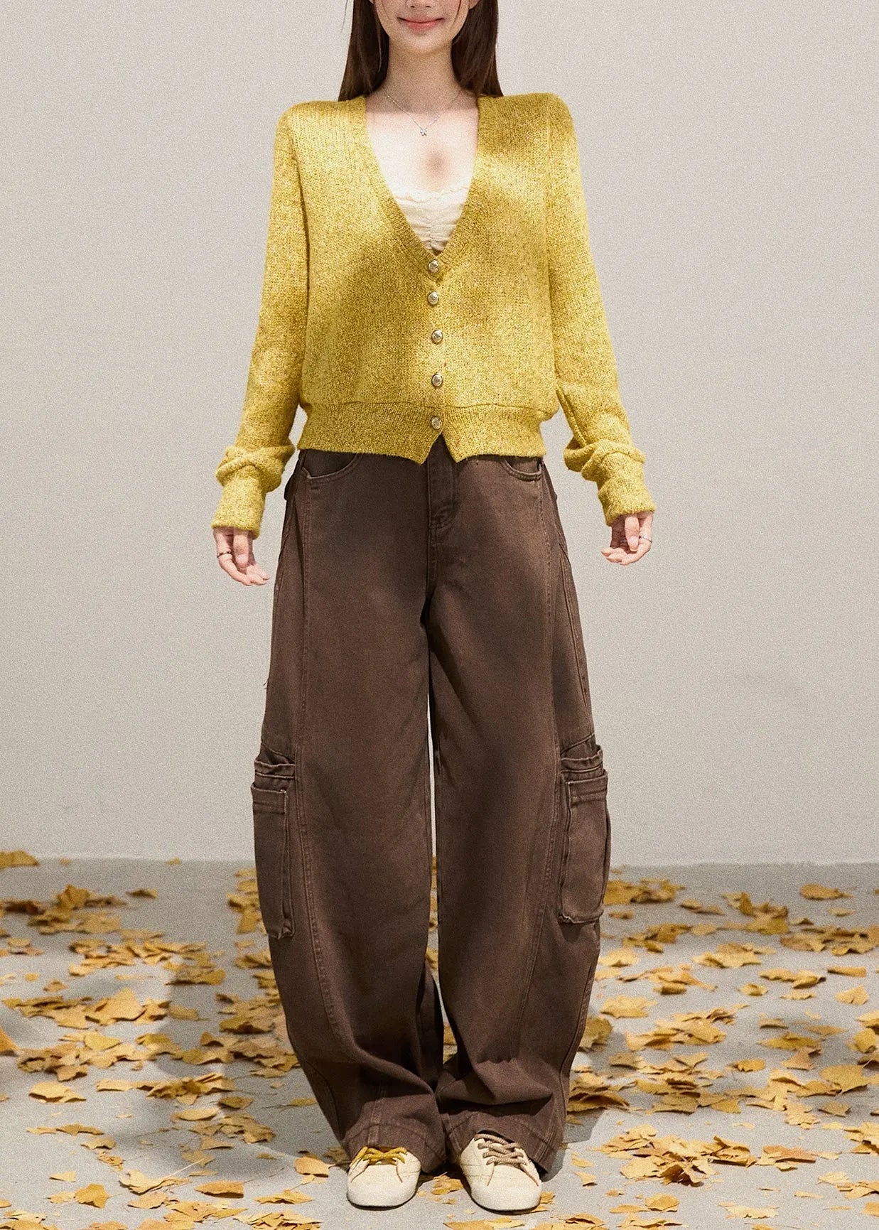 Yellow V Neck Button Down Knit Cardigans Fall