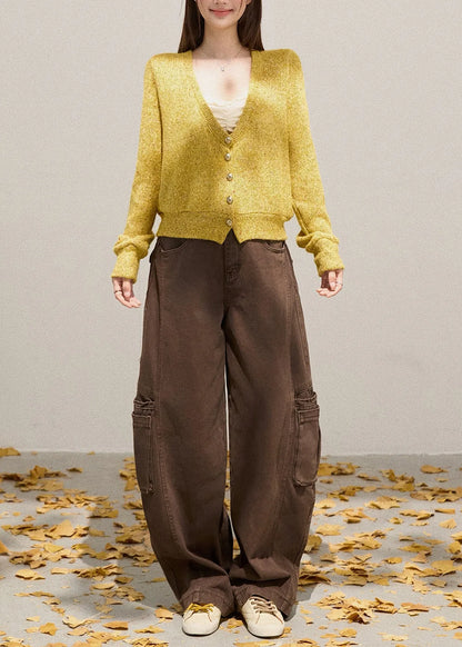 Yellow V Neck Button Down Knit Cardigans Fall