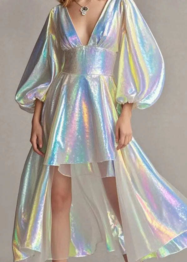 Modern Pearl White Deep-v Neck Low High Design Sequins Dresses Lantern Sleeve
