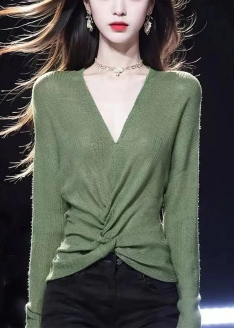 Simple Green V Neck Cozy Knit Sweater Fall