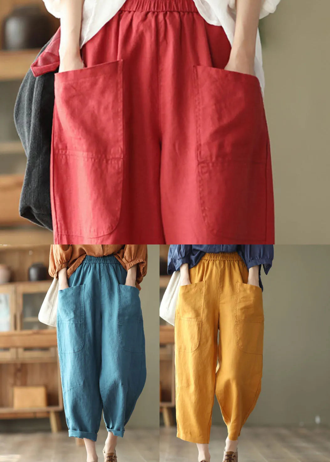 Yellow Elastic Waist Pockets Linen Harem Pants Spring
