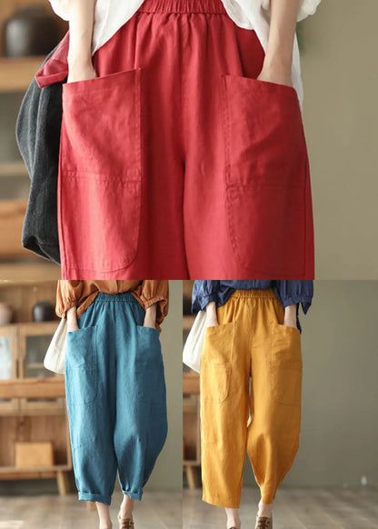 Yellow Elastic Waist Pockets Linen Harem Pants Spring