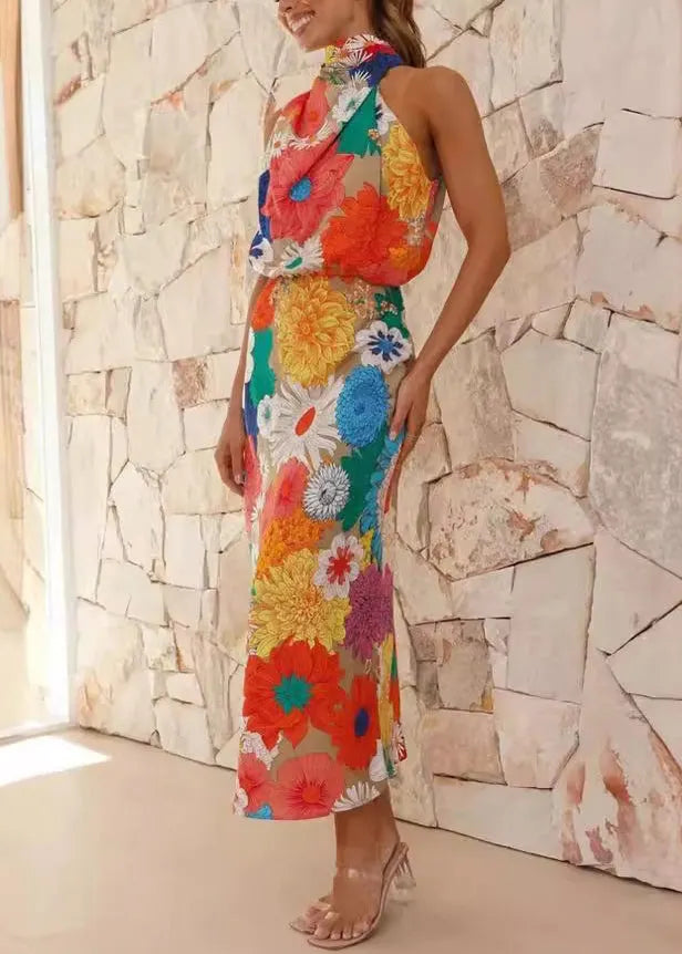 Orange Print Halter Slim Fit Cotton Dresses Sleeveless