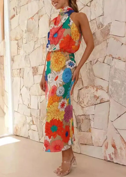 Orange Print Halter Slim Fit Cotton Dresses Sleeveless