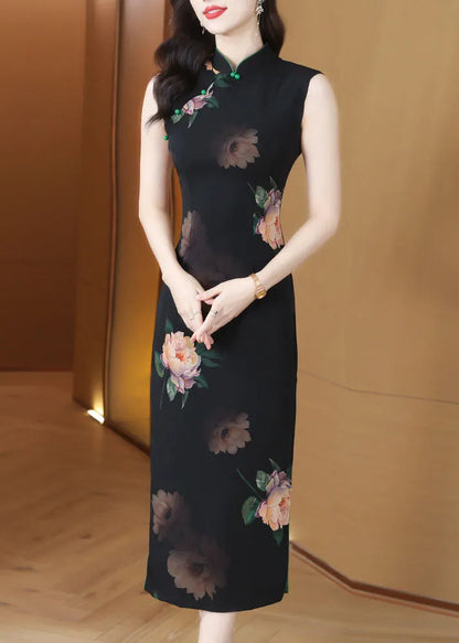 Black Stand Collar Print Side Open Chiffon Dresses Sleeveless