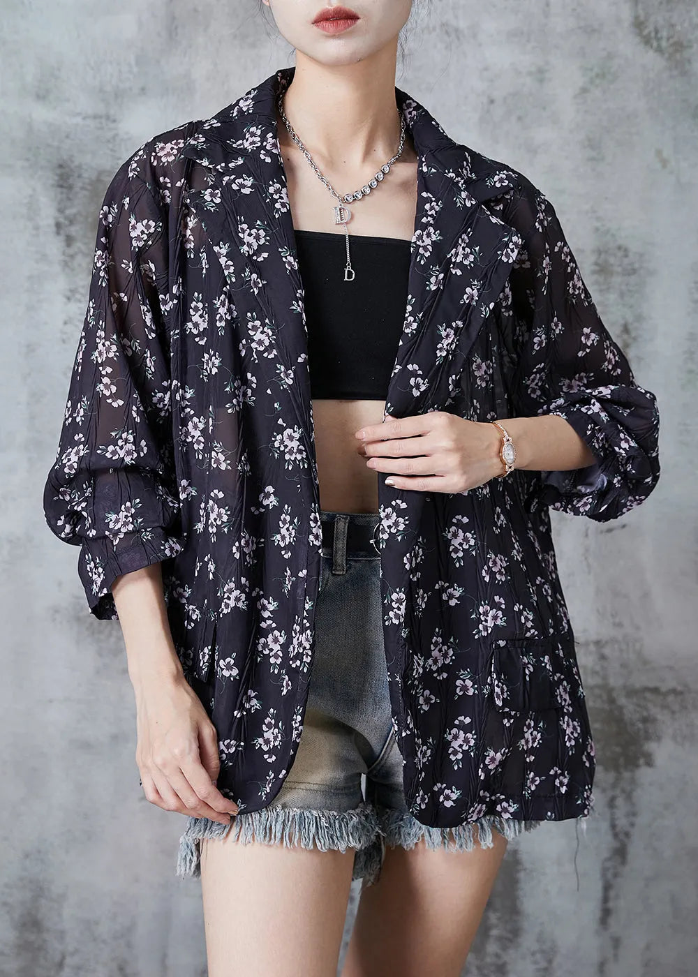 Unique Black Oversized Print Tulle Upf 50+ Coat Jacket Summer