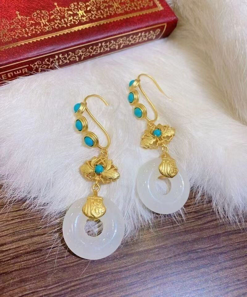 Blue Sterling Silver Overgild Inlaid Pearl Turquoise Drop Earrings
