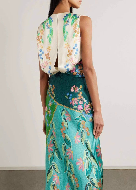 Italian Green O Neck Print Silk Long Dress Sleeveless