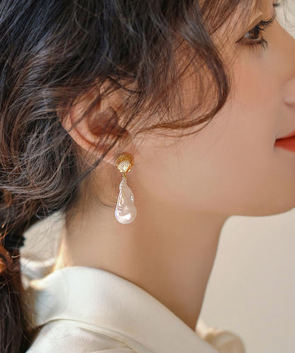 White Copper Alloy Pearl Fish Tail Drop Earrings