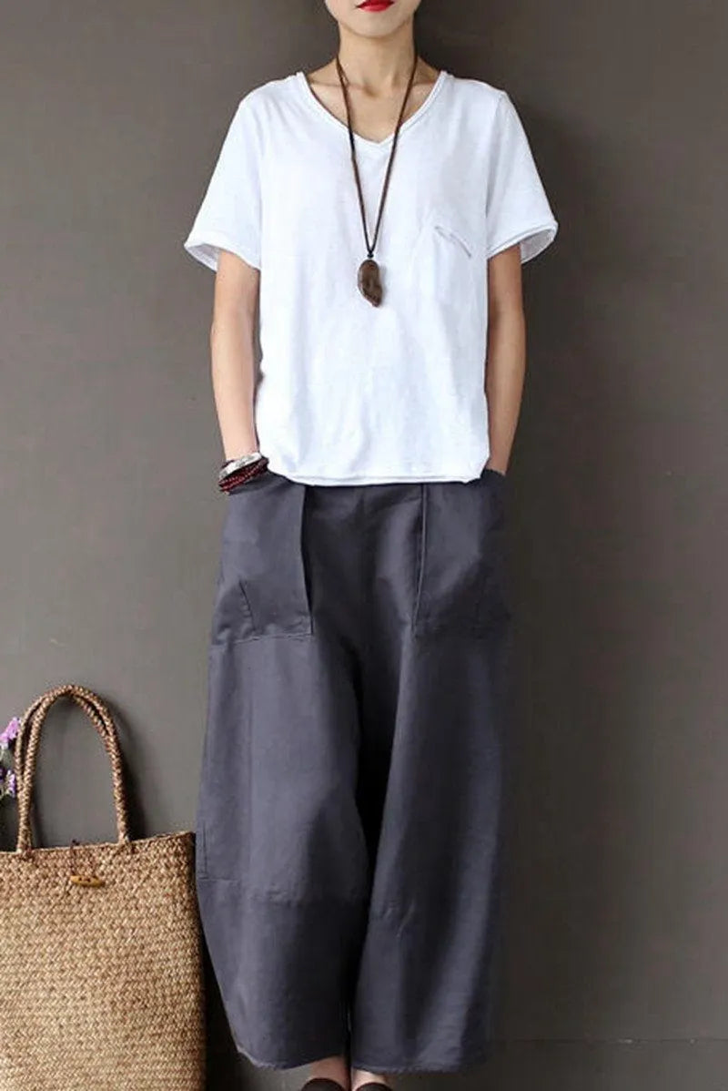 Gray Loose Cotton Linen Ankle Length Pants Outfits