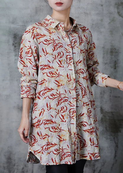 Apricot Peter Pan Collar Print Linen Long Shirts Summer
