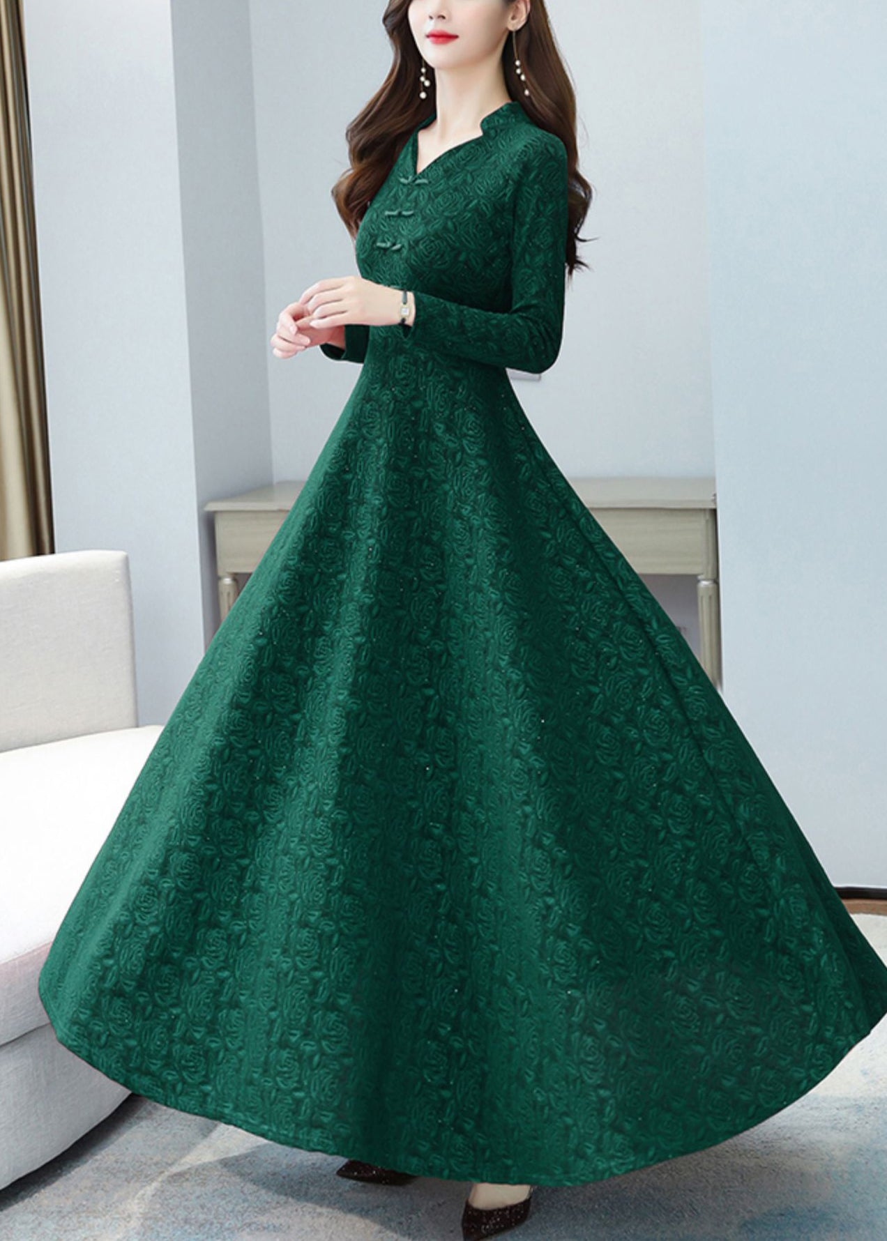 Green Print Chinese Button Cotton Long Dresse Spring