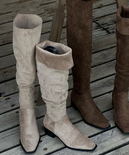 Zippered Splicing Chunky Boots Beige Suede