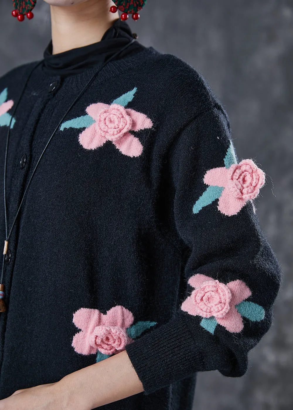 Diy Black Stereoscopic Knit Cardigan Spring
