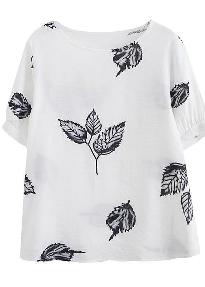 White Print Leaf Shirt Tops Summer Cotton Linen