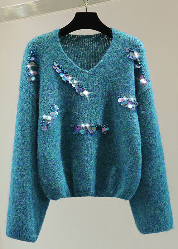 Blue V Neck Sequins Thick Cotton Knit Sweater Winter