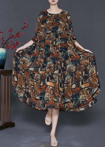 Brown Oversized Print Chiffon Vacation Dresses Fall