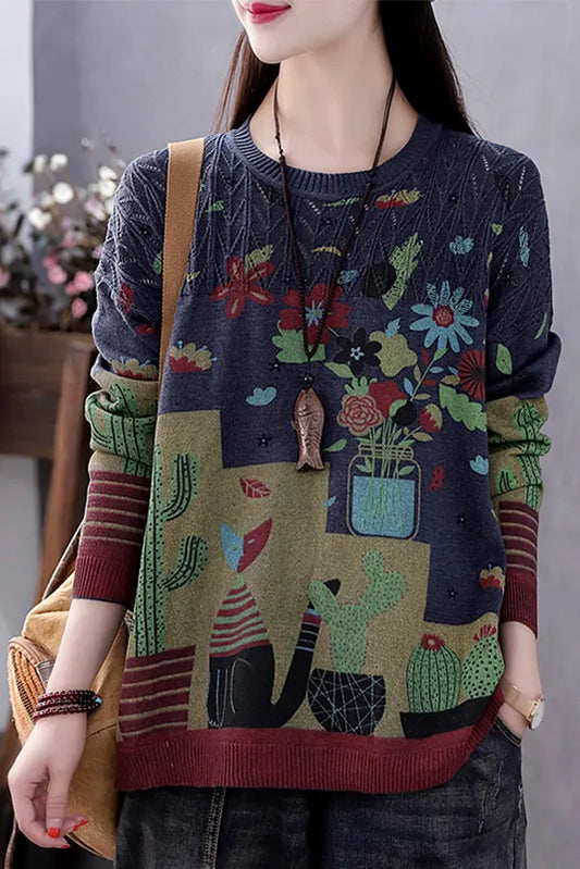 New Printed Knit Sweater Round Neck Loose Sweater