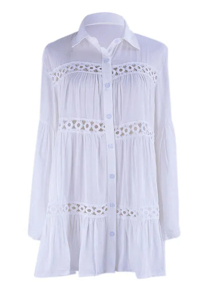 White Peter Pan Collar Hollow Out Cotton Shirt Long Sleeve