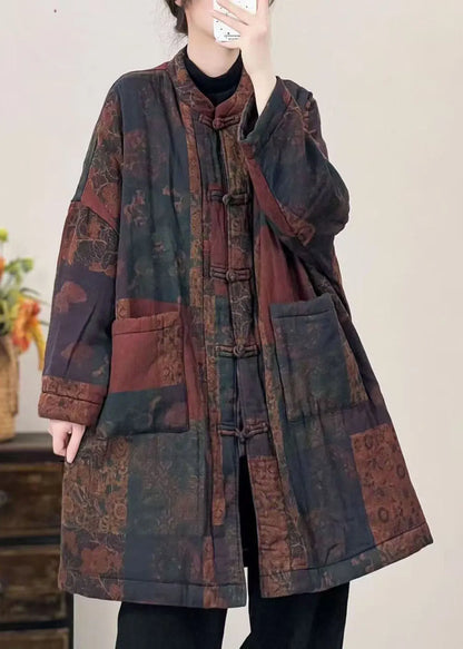 Black Pockets Print Oriental Button Fine Cotton Filled Coat Winter