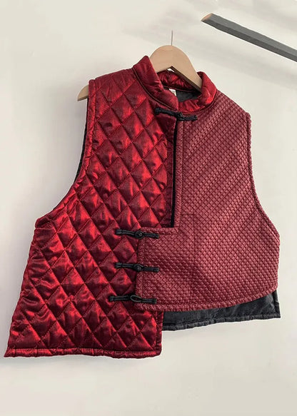 Red Asymmetrical Chinese Button Cotton Blended Waistcoat Sleeveless