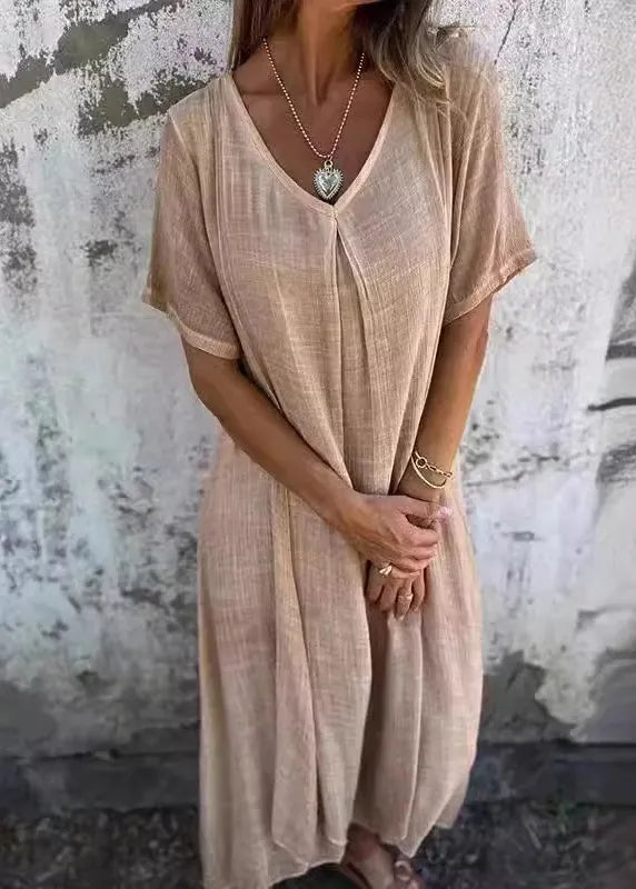 Orange V Neck Cotton Dresses Summer