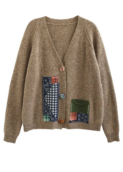 Yellow V Neck Patchwork Applique Knit Cardigans Winter