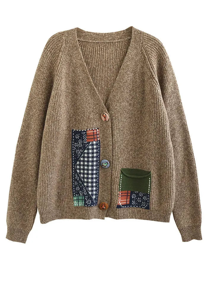 Yellow V Neck Patchwork Applique Knit Cardigans Winter