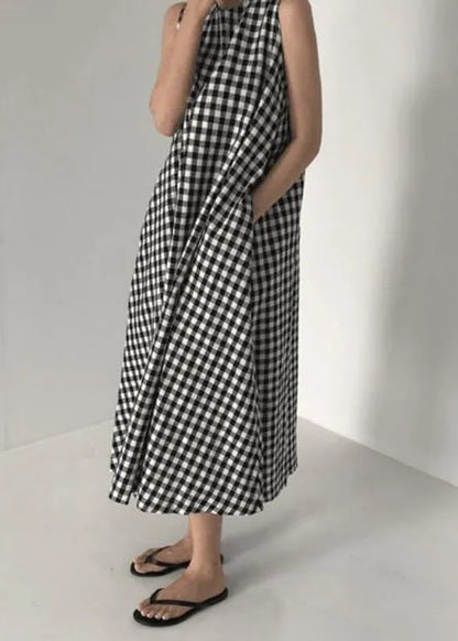 Original Design Black O Neck Plaid Cotton Long Dress Sleeveless
