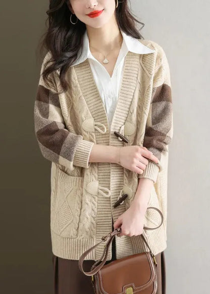 Beige V Neck Button Patchwork Knit Cardigans Fall