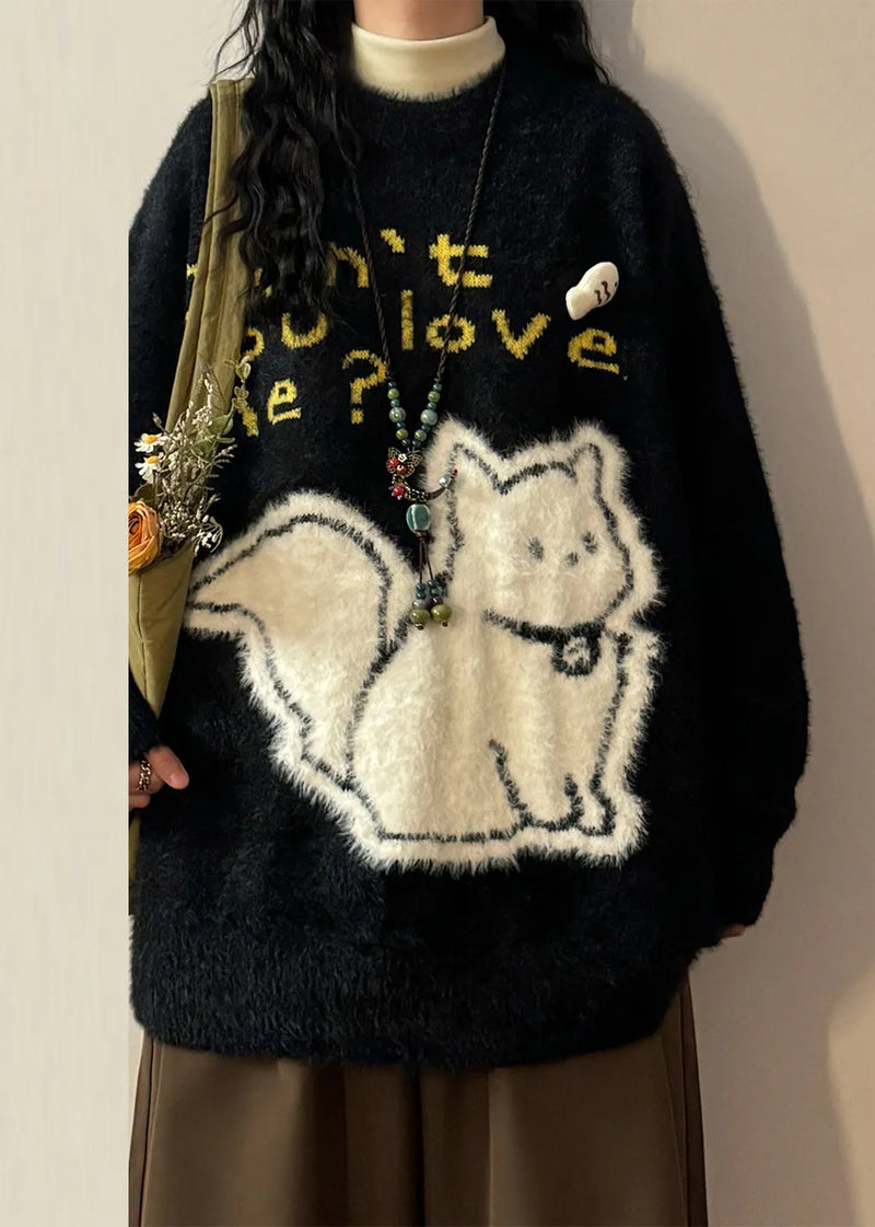 Jacquard Black Kitten Letter Mink Hair Knitted Sweaters Spring