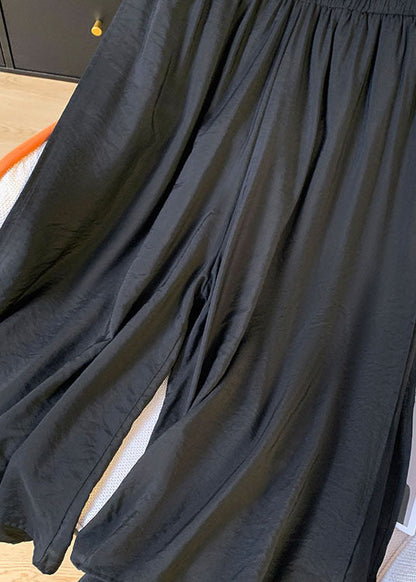 Loose Black Side Open Elastic Waist Cotton Crop Pants Summer