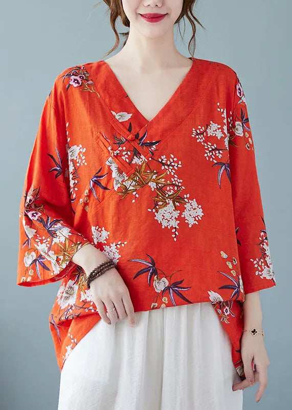 Loose Red V Neck Print Cotton Top Summer