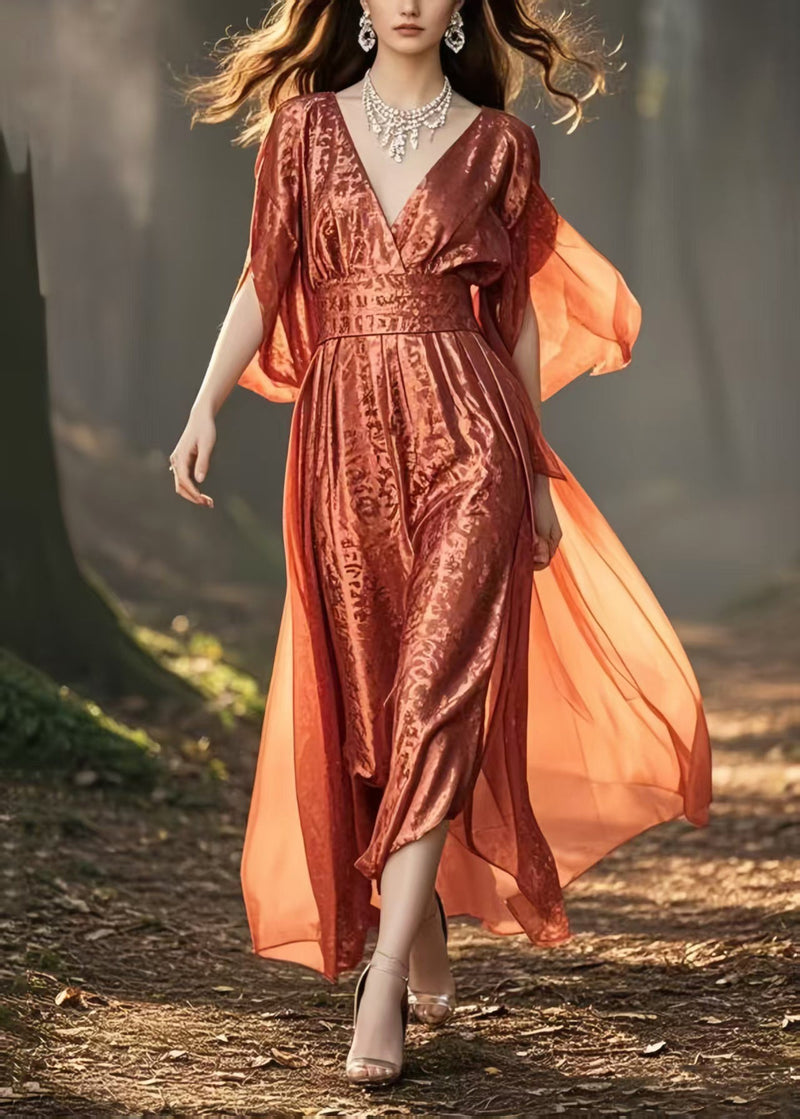 Brick Red Cinched Jacquard Silk Long Dresses Summer