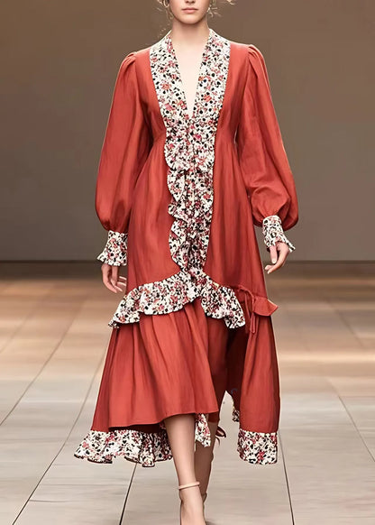 Classy Red V Neck Print Maxi Dresses Lantern Sleeve
