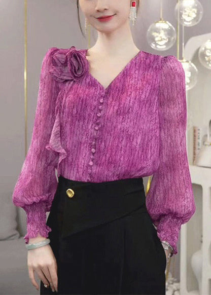 Purple V Neck Tie Dye Chiffon Blouses Fall
