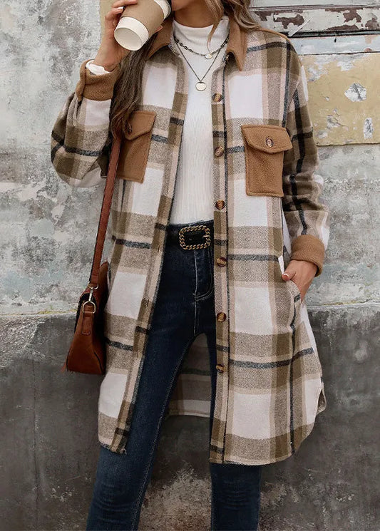 Coffee Peter Pan Collar Pockets Plaid Woolen Shirts Coat Winter